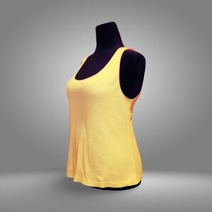 ❥HUE Yellow Ribbed Cotton Tank XL Pink Contrast Trim Sleeveless Scoop Neck❥